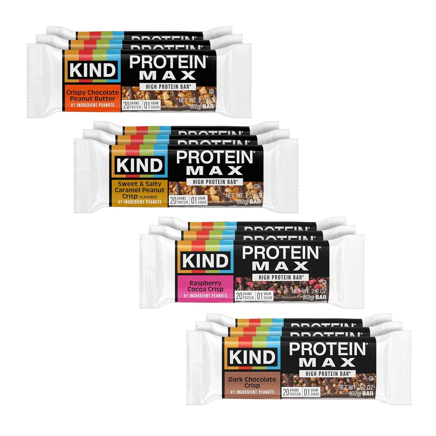 KIND_Protein_MAX_Bars_Variety_Pack,_Gluten_Free,_Low_Sugar,_High_Fiber_Snacks,_Crispy_Chocolate_Peanut_Butter,_Sweet_&_Salty_Caramel_Peanut,_Raspberry_Cocoa,_Dark_Chocolate,_20g_Protein,_12_Count
