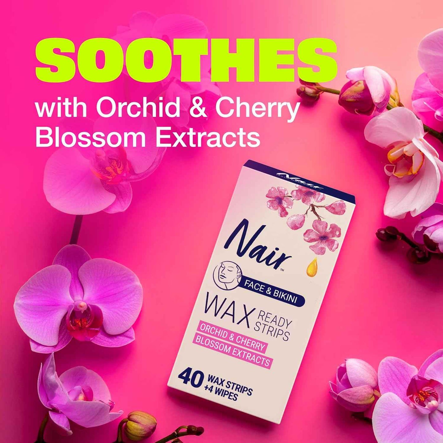 Nair Hair Remover Wax Ready Strips, Face and Bikini Hair Removal Wax Strips, Orchid and Cherry Blossom Extracts, Dermatologist Tested