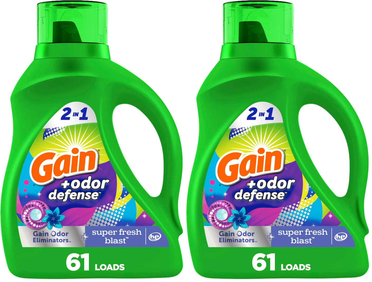 Gain Odor Defense Liquid Laundry Detergent, Super Fresh Blast Scent, 2 in 1, Laundry Detergent Liquid Soap, HE compatible