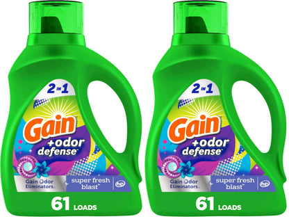 Gain Odor Defense Liquid Laundry Detergent, Super Fresh Blast Scent, 2 in 1, Laundry Detergent Liquid Soap, HE compatible