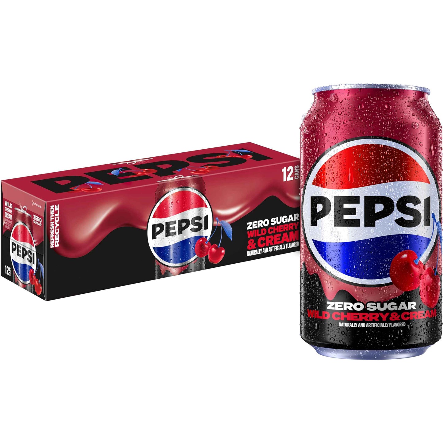 Pepsi Zero Sugar Cola Soda, Wild Cherry, 12 Fl Oz Cans (Pack of 12)