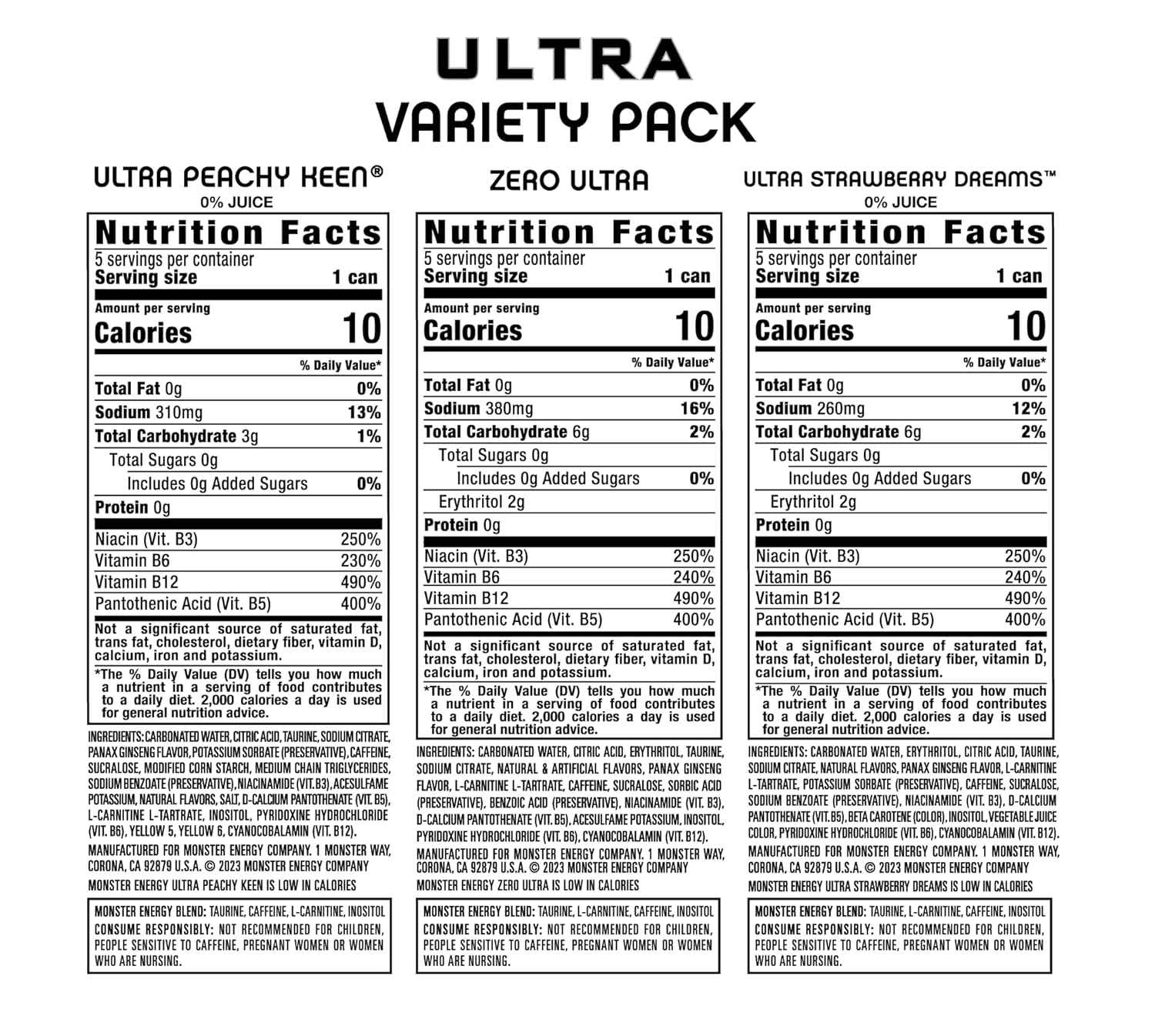 Monster Energy Ultra Variety Pack, PKZSD, Sugar Free Energy Drink, 16 Ounce | Pack of 15