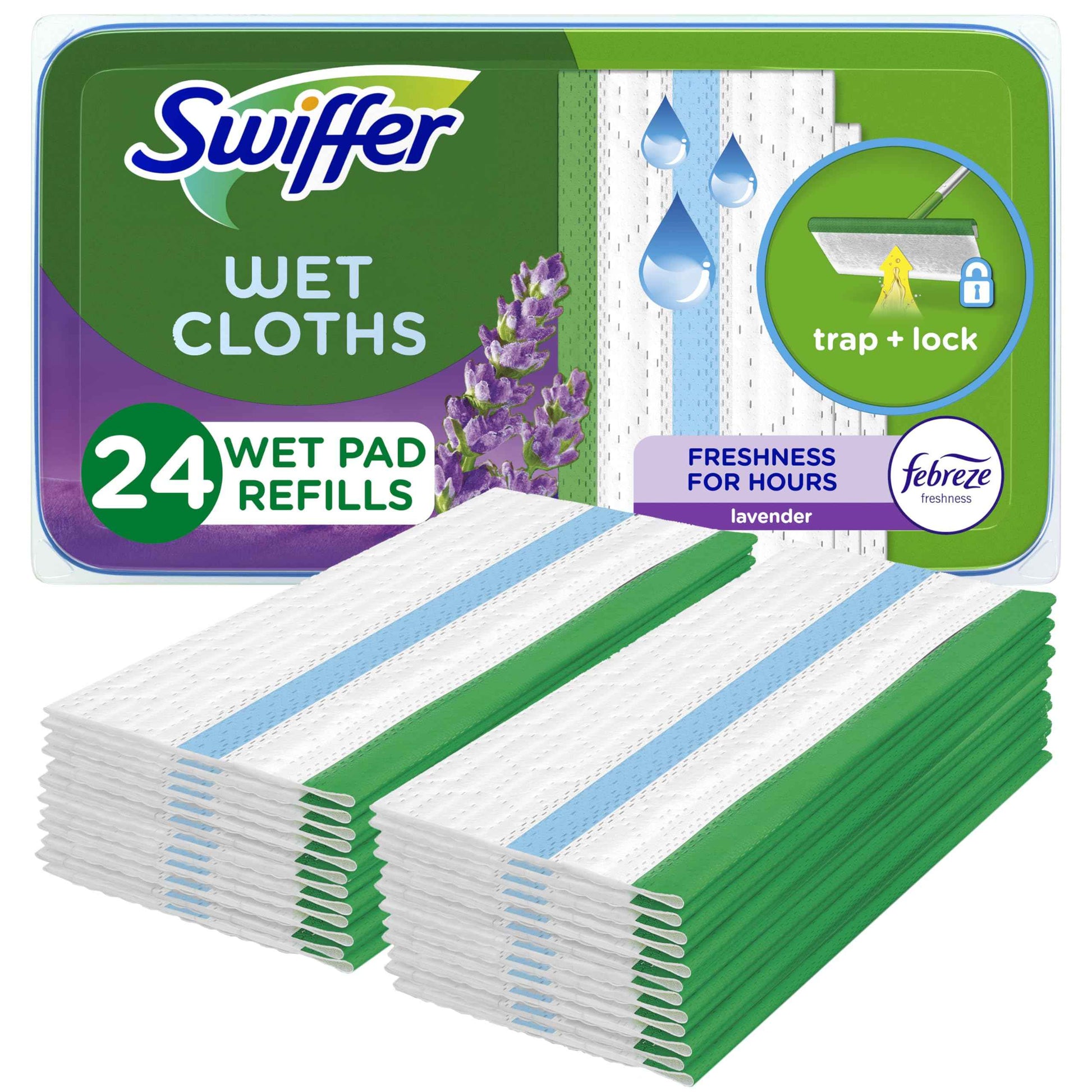 Swiffer Sweep + Mop, Wet Pads Refill, Floor Cleaner for Dirt, Dust, Hair, Cleaning Cloths for Mopping Home, Bathroom, Kitchen, All Purpose Multi-Surface Floor Wipes, Lavender, 24ct