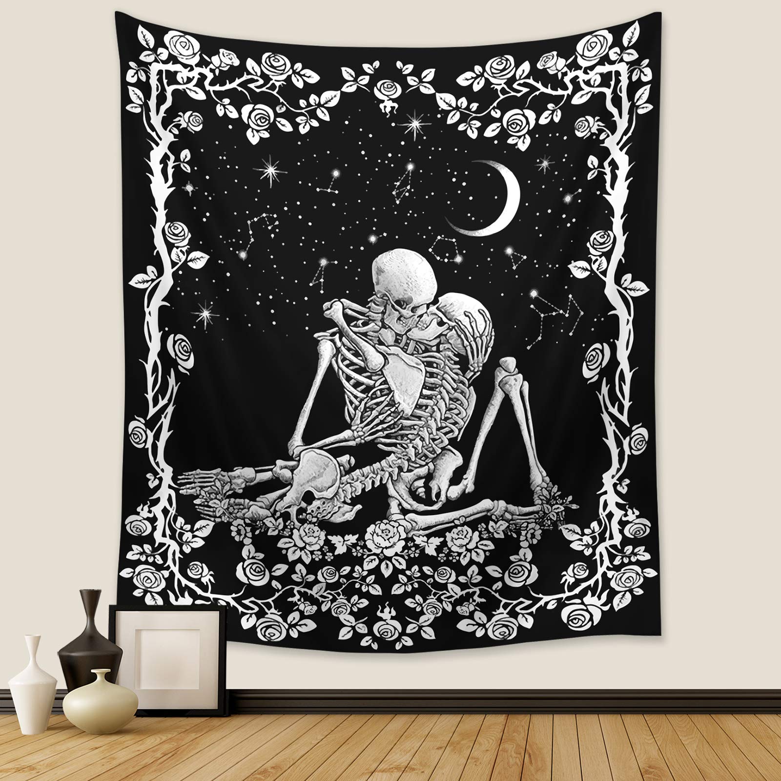 Wonrizon The Kissing Lovers Skull Tapestry,Black and White Romantic Constellation Skeleton Tapestries Wall Hanging decor for Living Room Bedroom (30”x 40”)