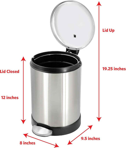 Glad Small Trash Can, 1.2 Gallon | Round Stainless Steel Garbage Bin with Soft Close Lid & Step Foot Pedal | Metal Waste Basket with Removable Inner Bucket, 8 x 9.5 x 12 inches