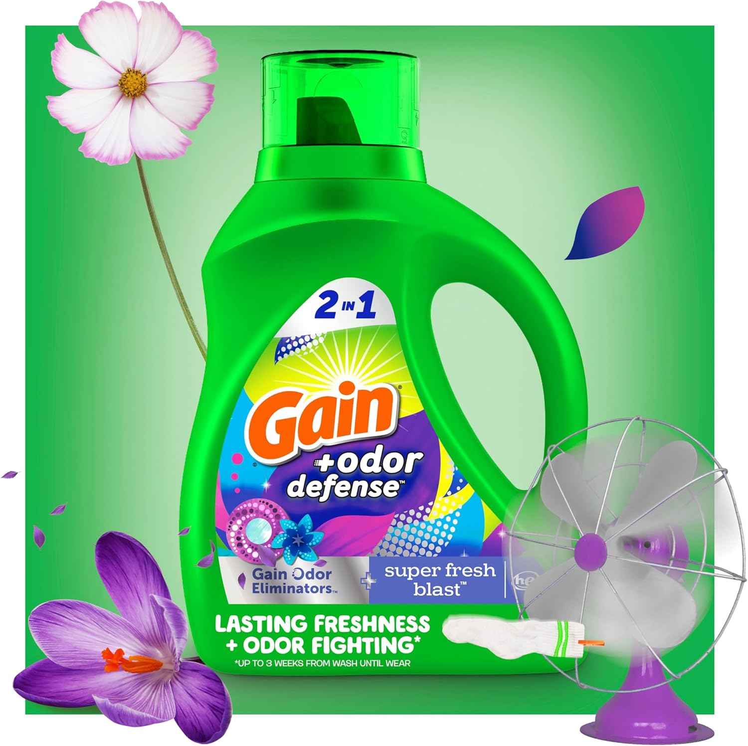 Gain Odor Defense Liquid Laundry Detergent, Super Fresh Blast Scent, 2 in 1, Laundry Detergent Liquid Soap, HE compatible