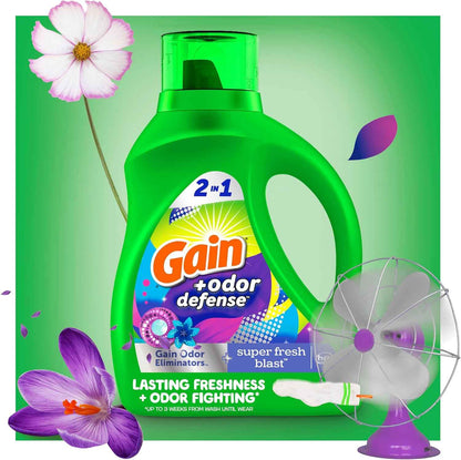 Gain Odor Defense Liquid Laundry Detergent, Super Fresh Blast Scent, 2 in 1, Laundry Detergent Liquid Soap, HE compatible