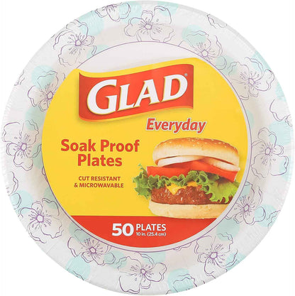 Glad Round Disposable Paper Plates, Heavy Duty Soak Proof Cut Resistant Microwave Safe Plates for Meals, Parties, Picnics, and Events