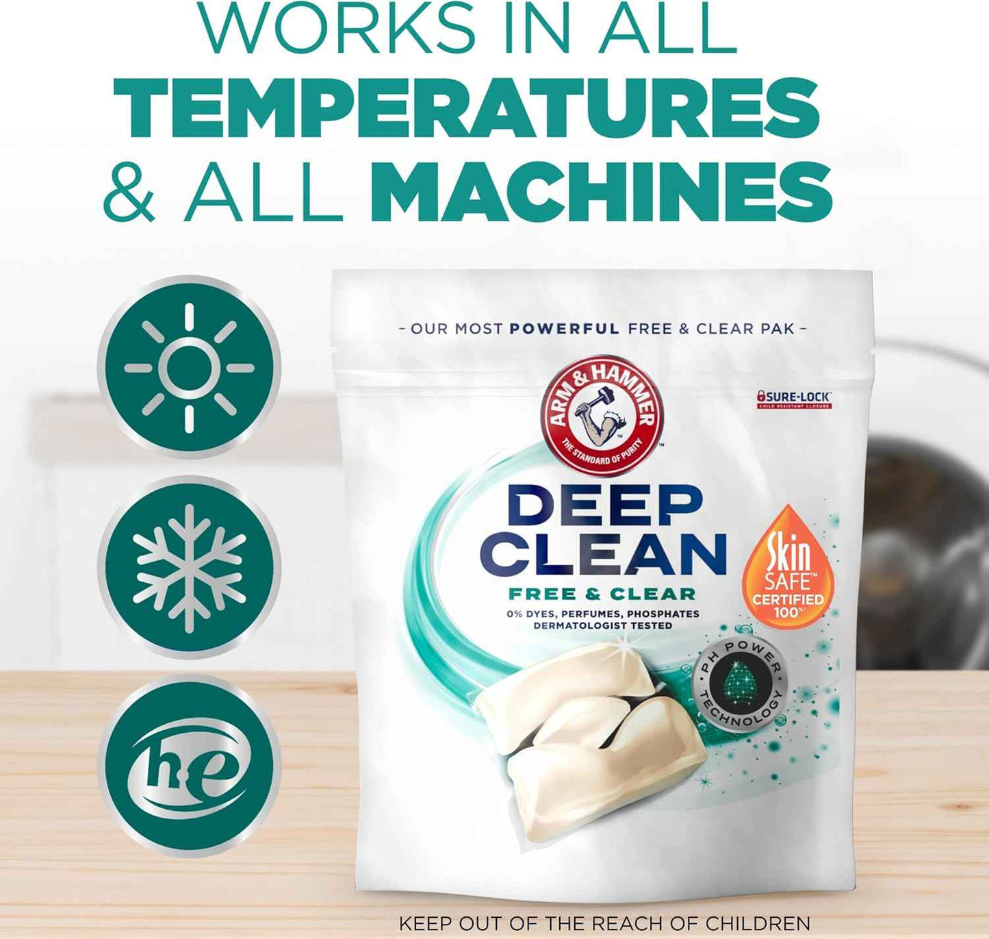 ARM & HAMMER Deep Clean Free & Clear Laundry Detergent Power Paks, Free of Dyes and Perfumes, Dermatologist Tested
