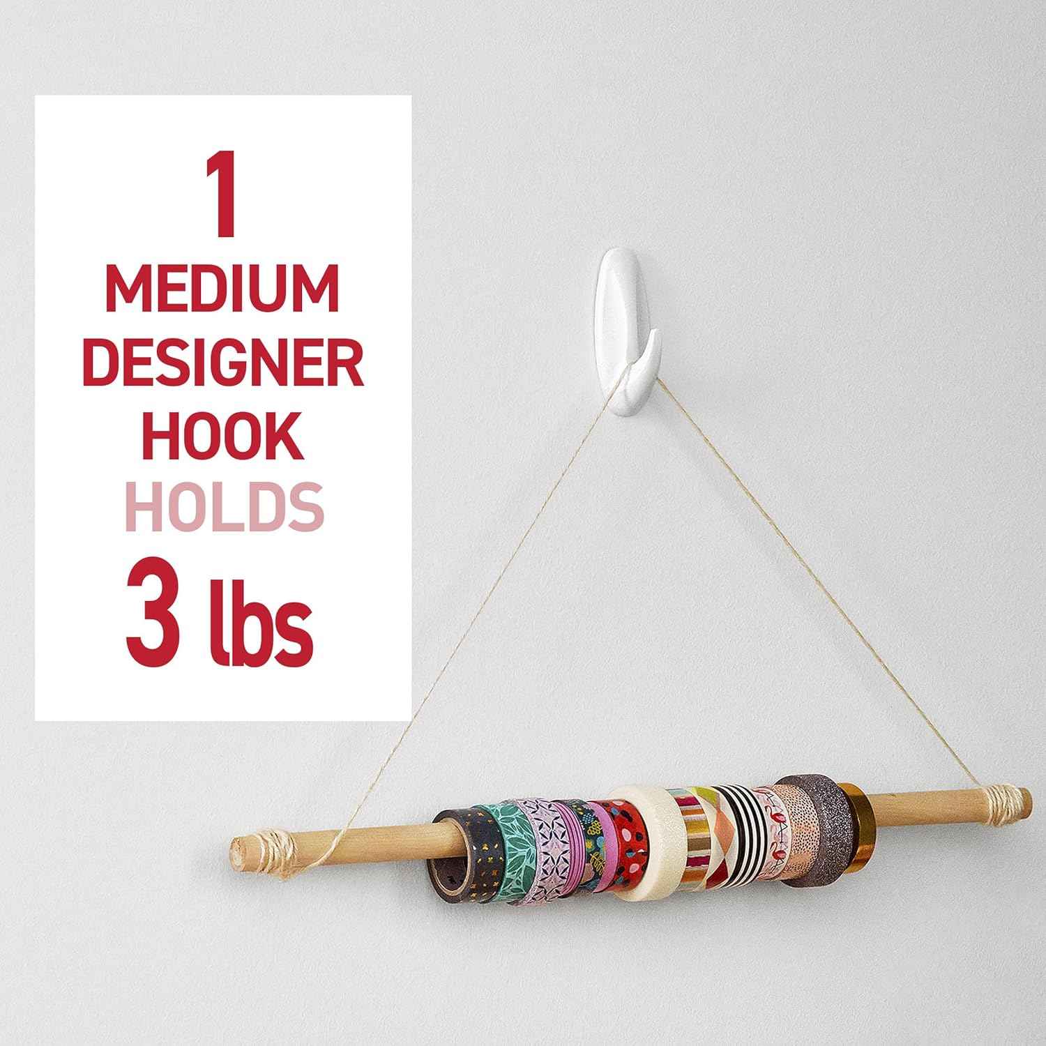 Command Medium Designer Hooks, Damage-Free Hanging Wall Hook with Adhesive Strips, No Tools Great for Hanging, Organization and Storage, Holds up to 3 lb