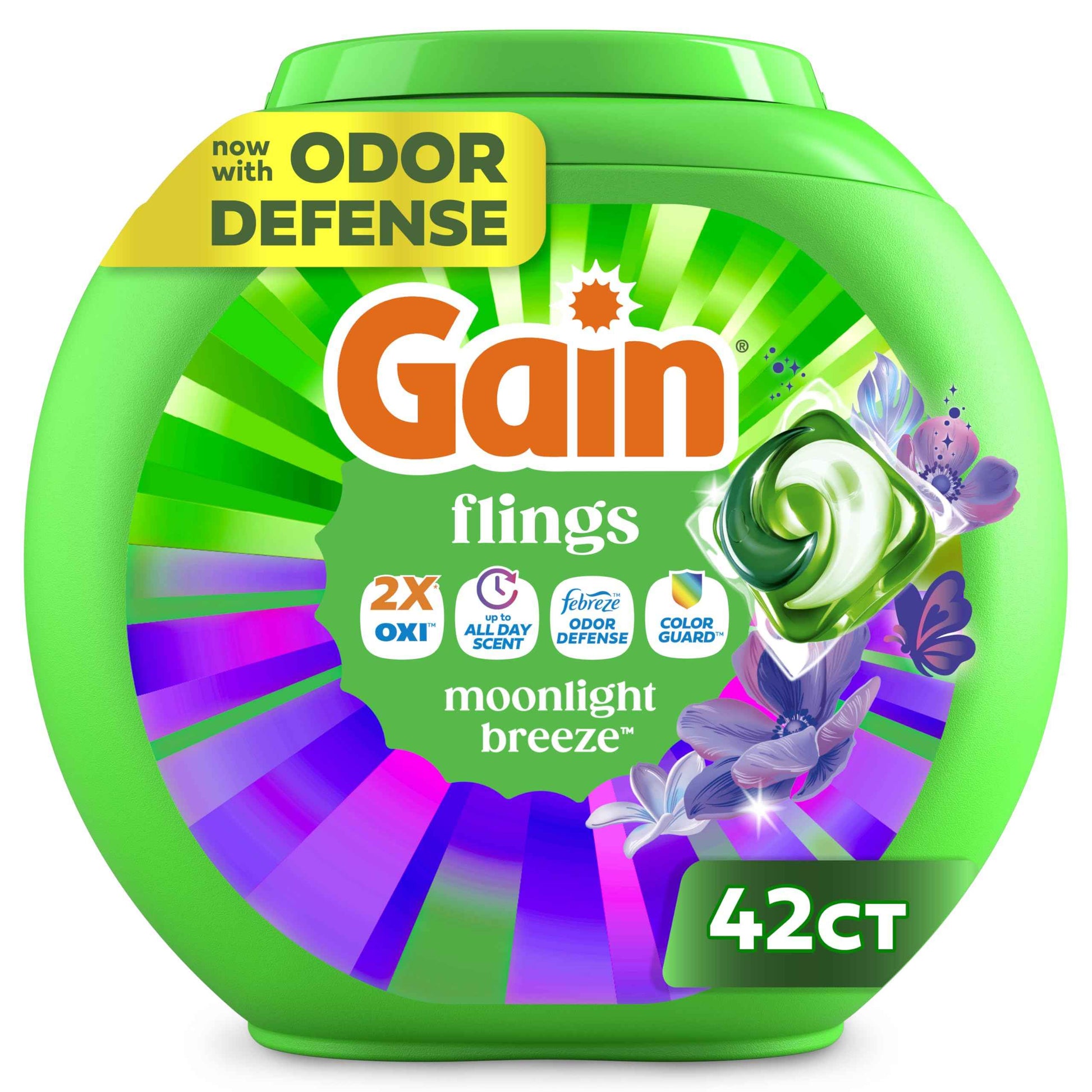 Gain Flings Liquid Washing Detergent Pacs with Odor Defense + Color Guard, Moonlight Breeze Scent, 4-In-1 Liquid Laundry Detergent Pods, Clean & Fresh