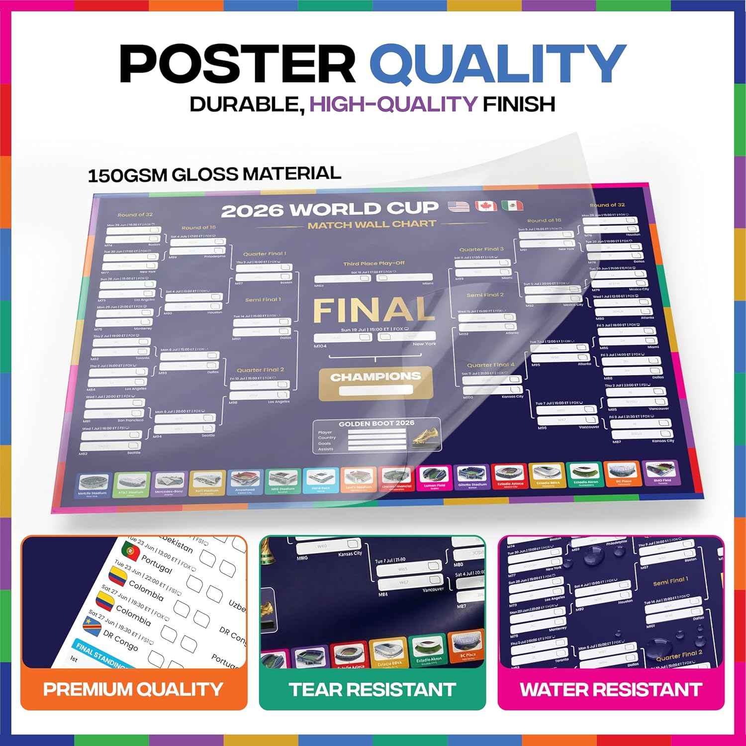2026 World Cup Bracket Poster 2026 | A1 Size 2026 World Cup Soccer Poster with US Kick Off Times, Fixtures, Stadiums & Host Cities | World Cup Wall Chart