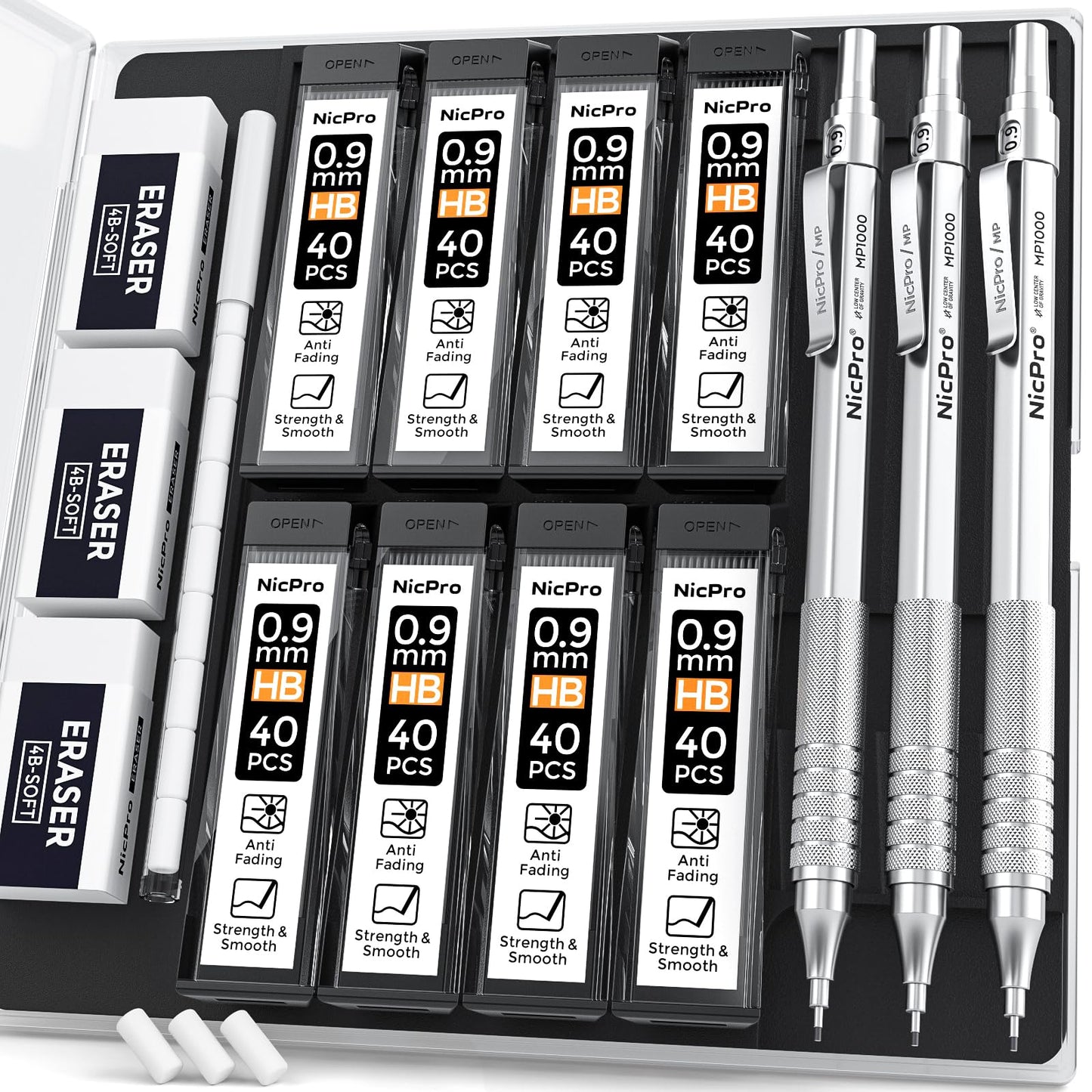 Nicpro 0.9 mm Metal Mechanical Pencil Set with Case, with 3PCS MP1000 0.9mm Drafting Pencil, 8 Tubes HB Lead Refills, 3PCS Eraser, Erasers Refills for Artist Writing, Drawing, Sketching, Silver