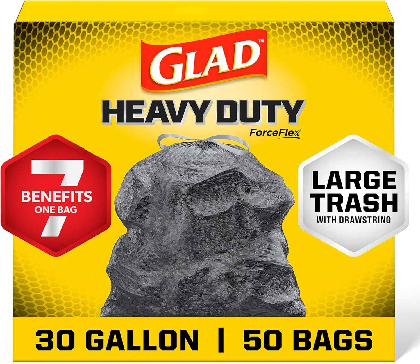 Glad Large 30 Gallon Trash Bags, Unscented Heavy Duty Garbage Bags, Forceflex with Drawstring