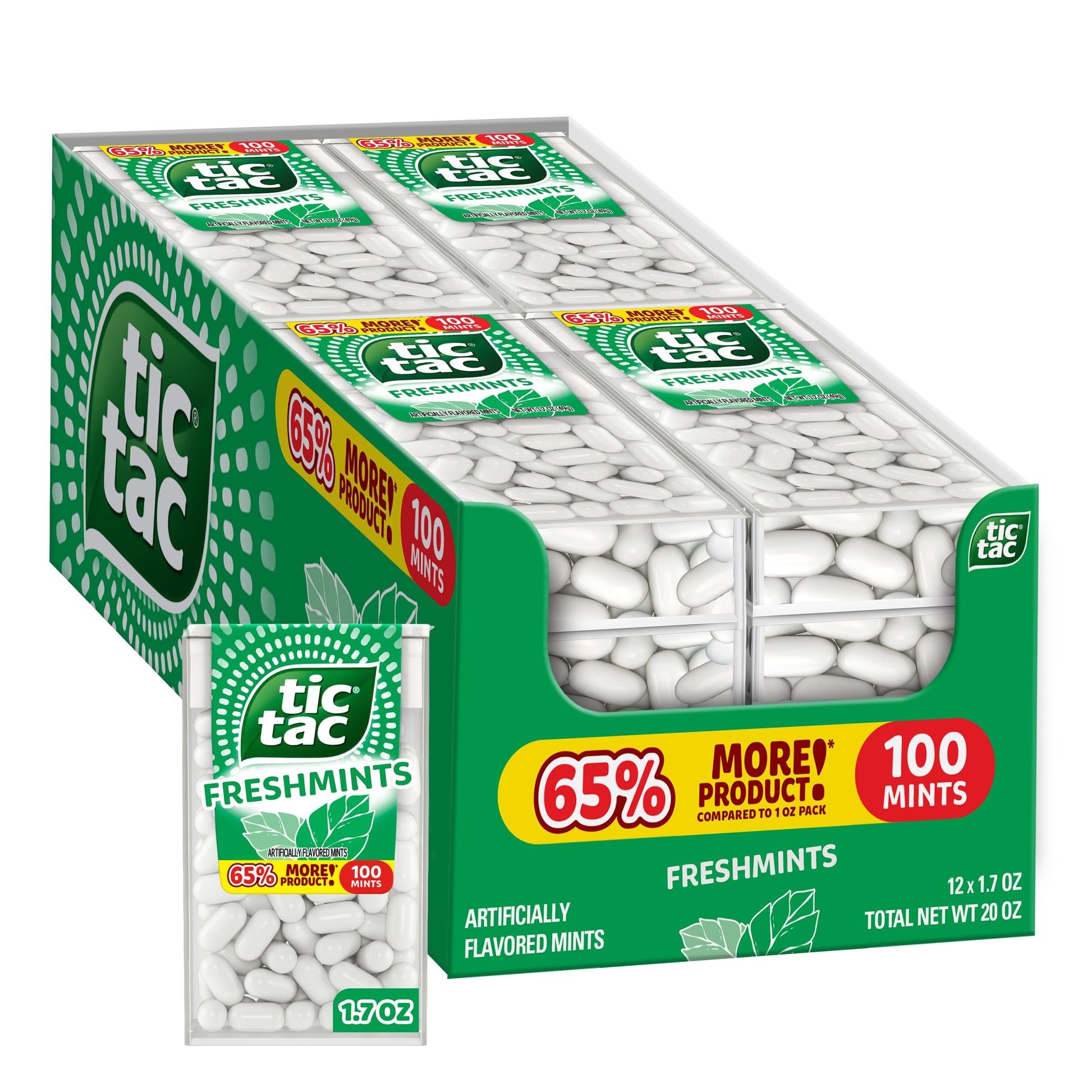 Tic Tac Freshmints, On-the-Go Breath Mints, Pocket-Sized Mints, 100 pieces, Bulk 12 Pack, 1.7 oz Each