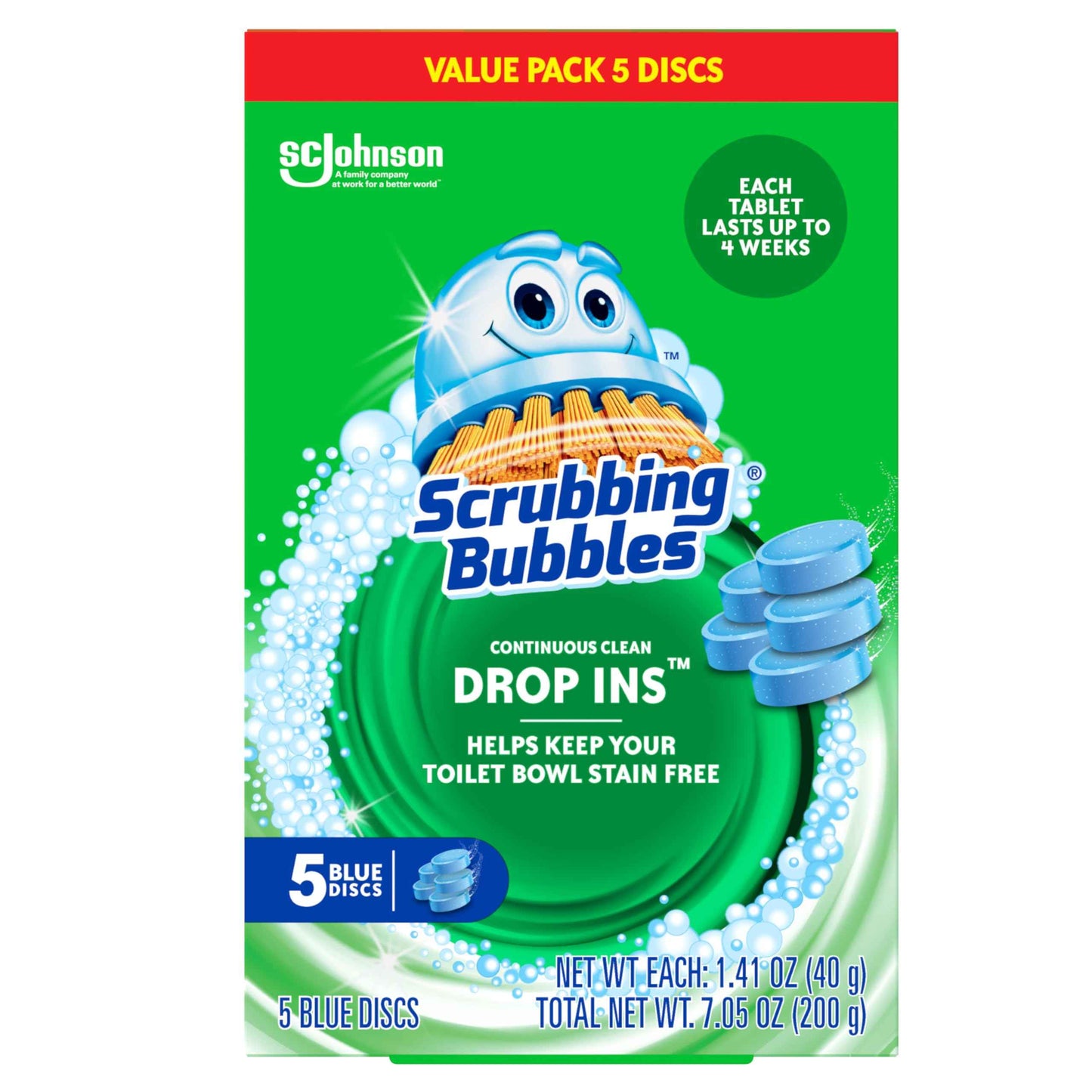 Scrubbing Bubbles Continuous Clean Toilet Drop-Ins, Automatic Blue Toilet Bowl Cleaner, Septic-Safe Tank Tablets Remove Hard Water Minerals & Limescale, Stain & Smell Protection