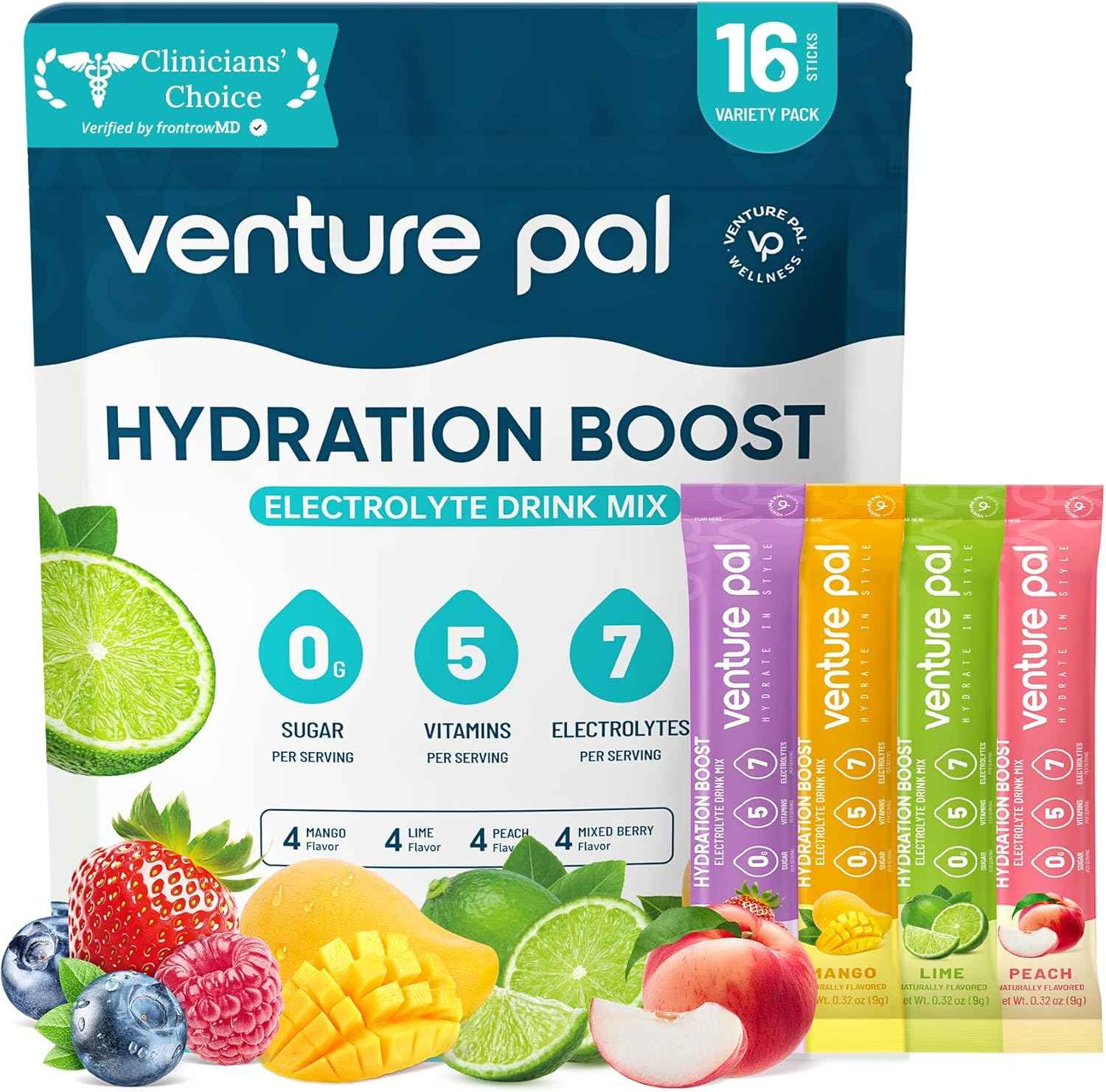 Venture Pal Sugar Free Electrolyte Powder Packets - Liquid Daily IV Hydration Packets | Electrolytes Drink Mix with 5 Vitamins & 7 Electrolytes | Keto Friendly | Non-GMO | Certified Vegan | 16 Sticks
