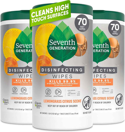 Seventh Generation Disinfecting Wipes, Lemongrass Citrus, 70 Count, Botanical Multi-Surface Cleaner Kills 99.9% Germs, No Bleach, Plant-Based Formula for Home, Kitchen, Bathroom, Car Interior
