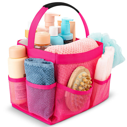Masirs Shower Caddy Mesh - 9 Pocket Portable Bathroom Organizer Tote for Travel, Gym &amp;amp; Dorm - Collapsible Small Shower Caddy Bag to Hold Toiletries &amp;amp; Essentials (Pink)