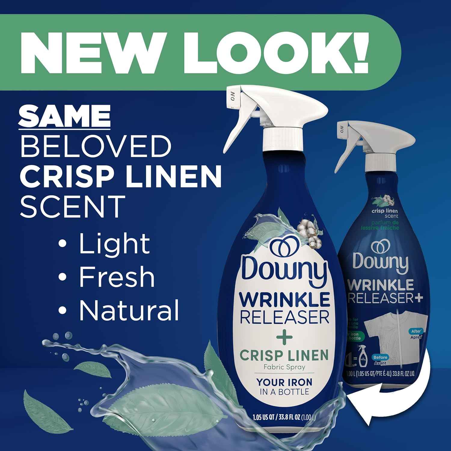 Downy Wrinkle Releaser Spray, All In One Formula, Removes Wrinkles, Static and Odor Eliminator, Crisp Linen Scent, 33.8 Fl Oz