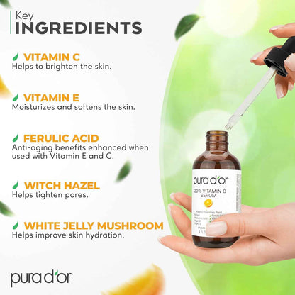 PURA D'OR 20% Vitamin C Facial Serum 4 Oz Antioxidant Blend w/Retinol, Hyaluronic Acid, Vitamin E, Ferulic Acid - Hydrating Lightweight Skincare Formula - Men Women Daily Use After Bath Oil Skin Care