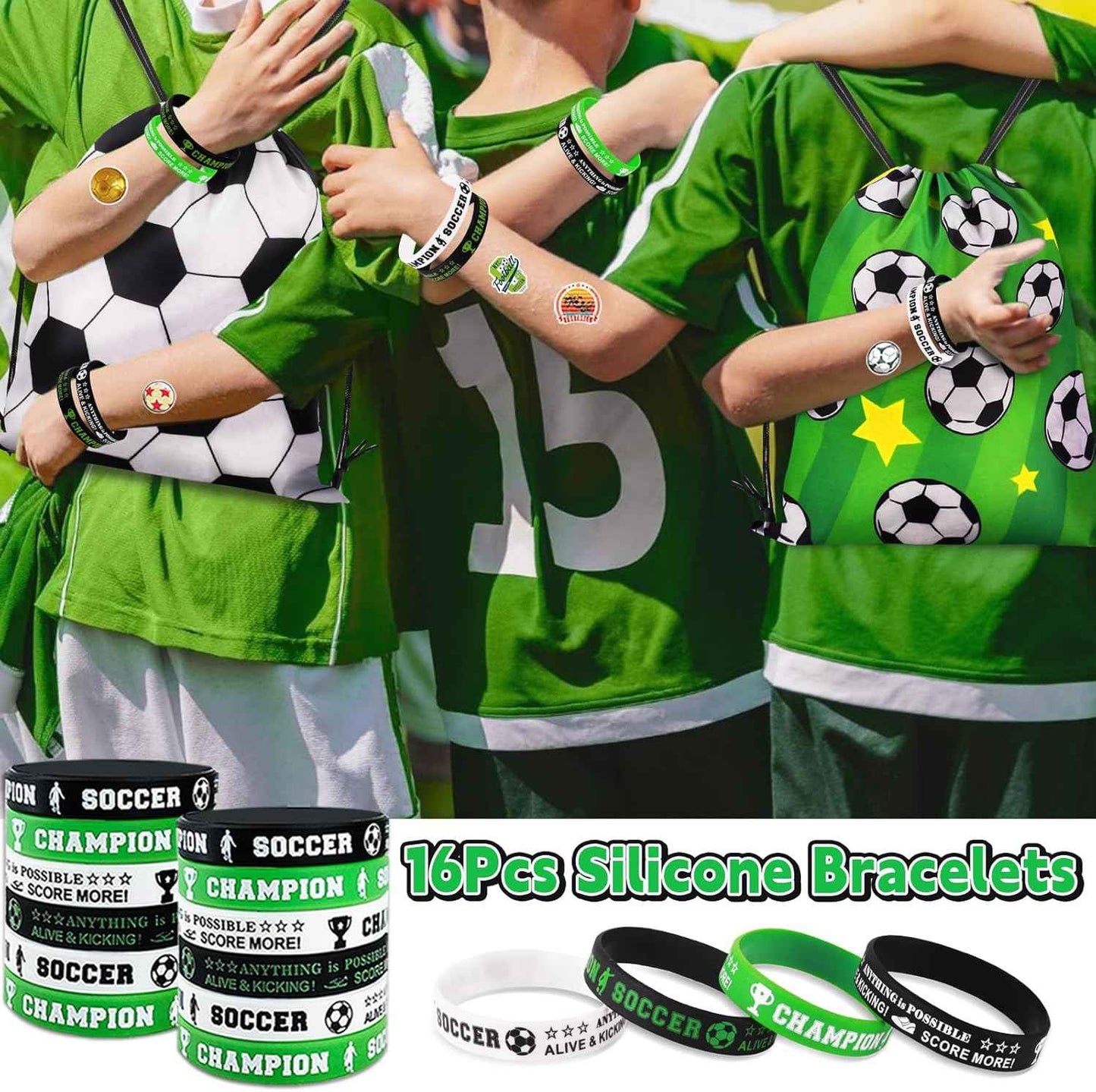Miucat 98Pcs Soccer Party Favors, Soccer Goodie Bags with Silicone Bracelet Soccer Whistles Stickers Drawstring Bags Gift Snack Bag for Soccer Party Decorations Party Supplies