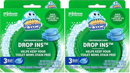 Scrubbing Bubbles Continuous Clean Toilet Drop-Ins, Automatic Blue Toilet Bowl Cleaner, Septic-Safe Tank Tablets Remove Hard Water Minerals & Limescale, Stain & Smell Protection, 3 Count