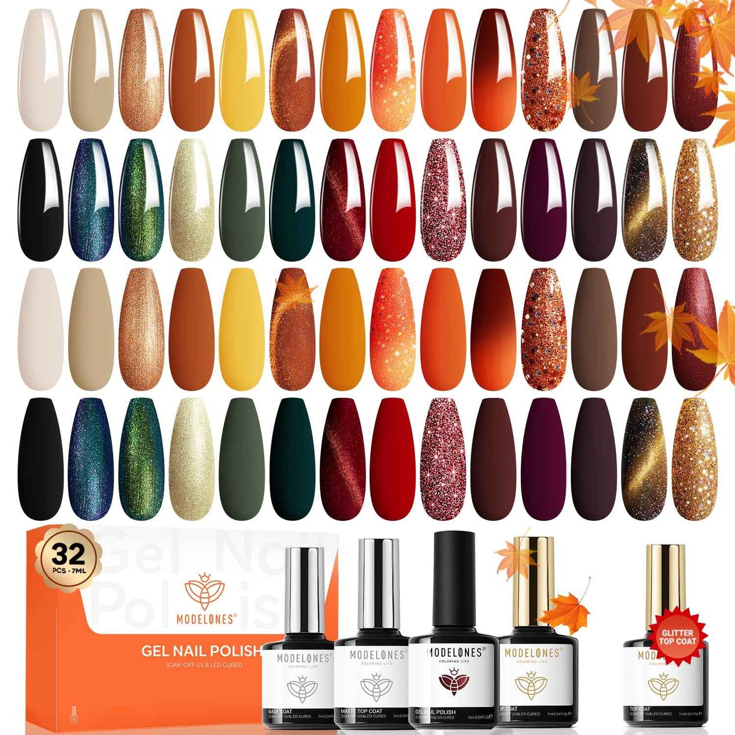 modelones 32 PCS Gel Nail Polish Set, 28 Colors Gel Polish with No Wipe Base Coat, Glitter & Glossy & Matte Top Coat Black Brown Red Purple Soak Off LED Nail Art Kit Salon at Home