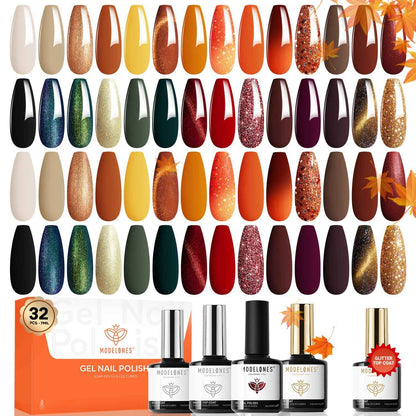 modelones 32 PCS Gel Nail Polish Set, 28 Colors Gel Polish with No Wipe Base Coat, Glitter & Glossy & Matte Top Coat Black Brown Red Purple Soak Off LED Nail Art Kit Salon at Home