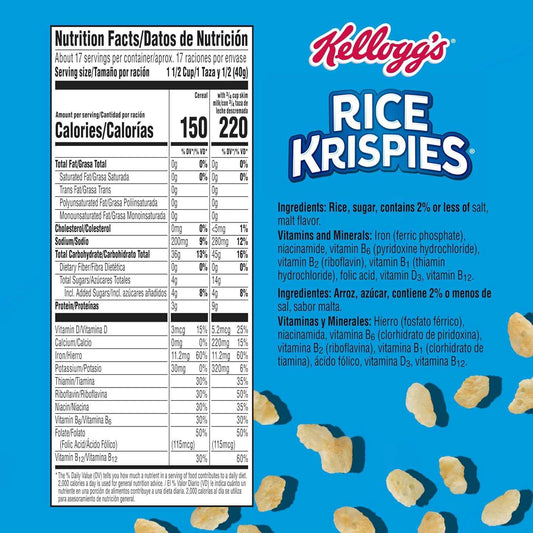 Kellogg's Rice Krispies Cold Breakfast Cereal, 8 Vitamins and Minerals, Rice Krispies Treats, Giant Size, Original
