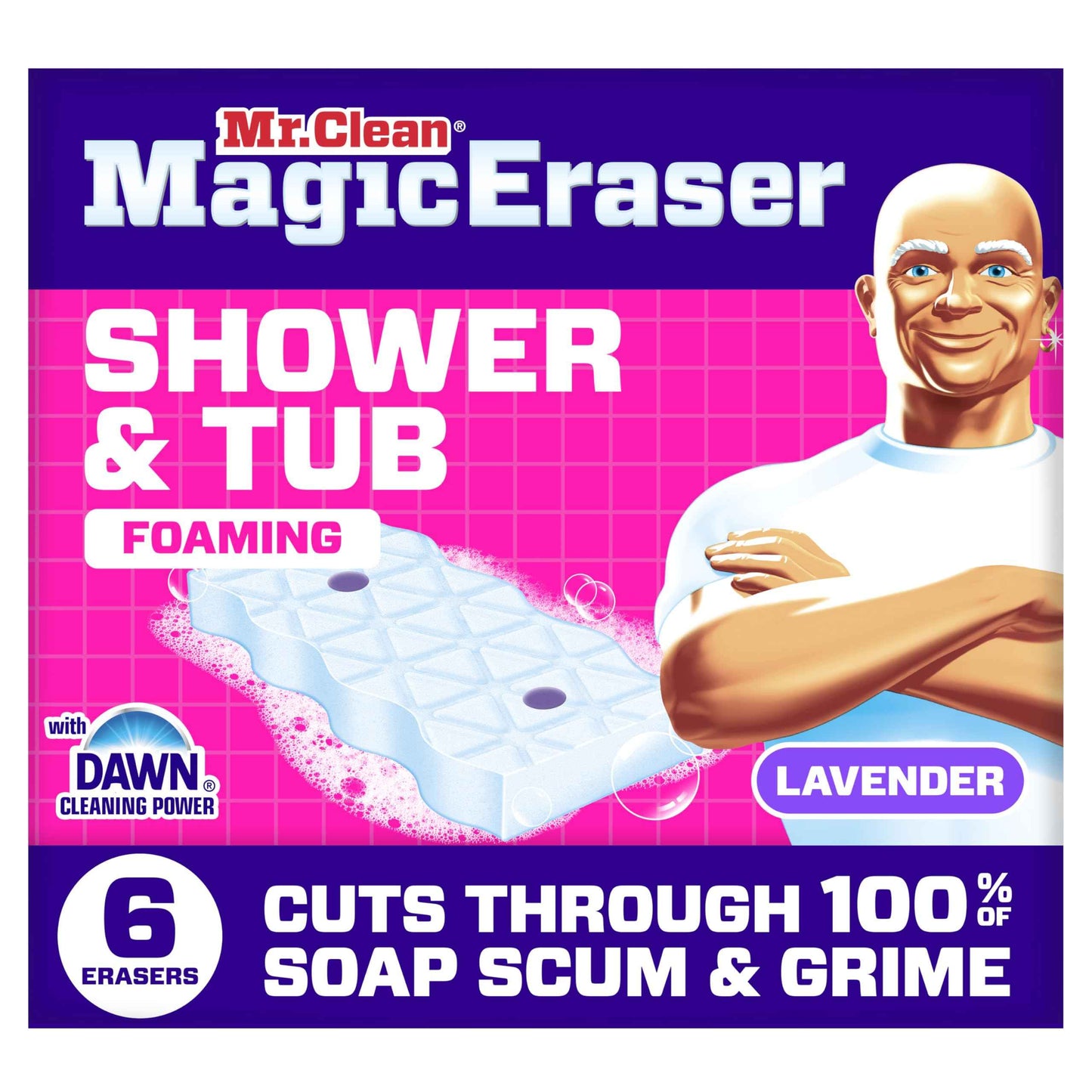 Mr. Clean Magic Eraser Sponge, Bathroom, Shower, Tub Cleaner, Soap Scum Remover, Bathroom Cleaning Supplies, Dawn Cleaning Power with Lavender Scent, Shower & Tub