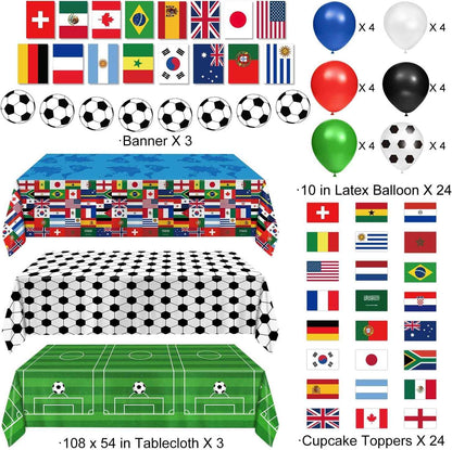 Soccer Birthday Party Decorations Includes Plates, Napkins, Cups, Banner, Hanging Swirls, Tablecloths, Balloons, Cupcake Toppers for 2026 Soccer Party Decorations, Serves 24