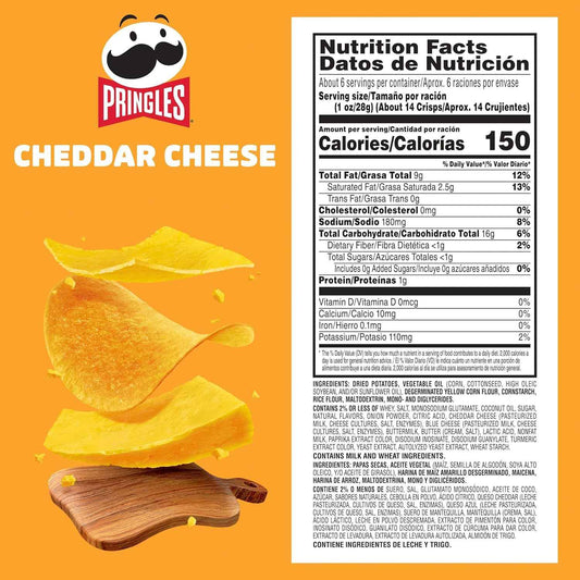 Pringles Potato Crisps Chips, Lunch Snacks, On-the-Go Snacks, Cheddar Cheese, 5.5oz Can (1 Can)