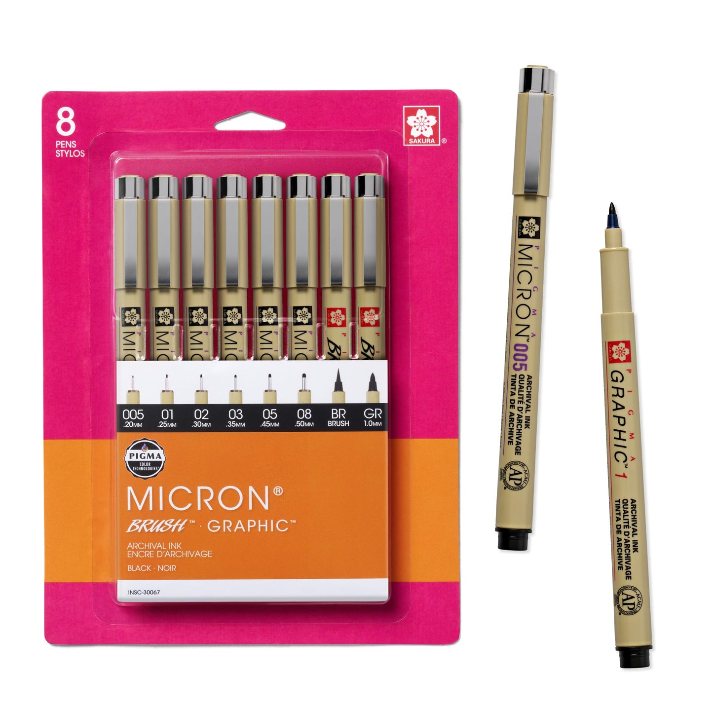 Sakura Pigma Micron, Graphic &amp;amp; Brush Fineline Pens, Archival Black Ink, 8 PK 30067