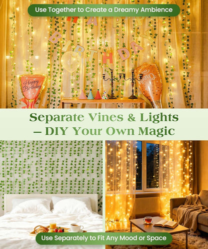 KASZOO_84Ft_12_Pack_Artificial_Ivy_Garland_Fake_Plants,_Vine_Hanging_Garland_with_CE_Certified_80_LED_String_Light,_Hanging_for_Home_Bedroom_Garden_Party_Wedding_Wall_Room_Decor,_Green
