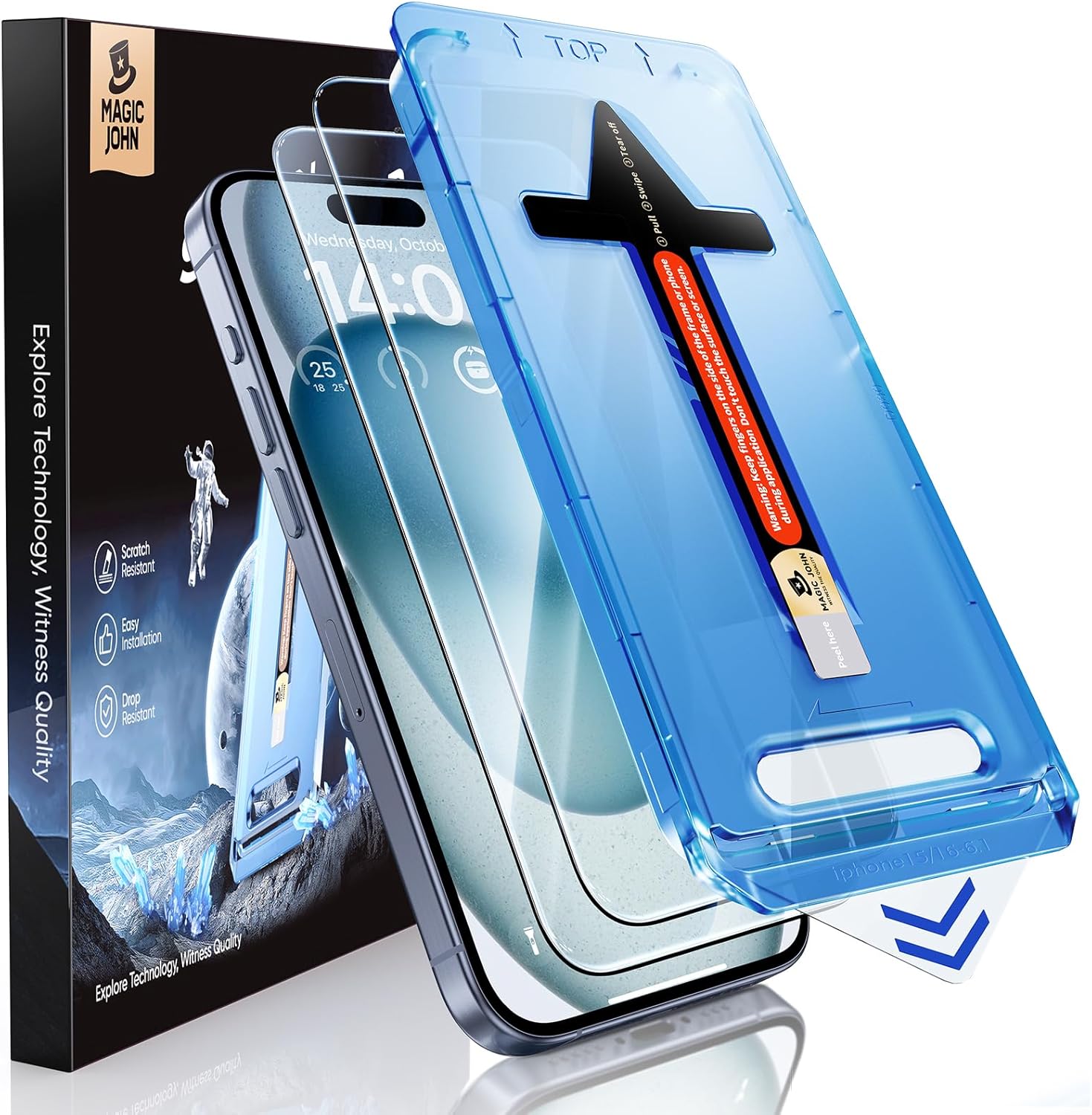 MAGIC_JOHN_2_Pack_for_iPhone_15_Tempered_Glass_Screen_Protector_6.1_inch_[Not_Max],_Auto_Dust-Elimination_Installation,_Bubble_Free,_Dynamic_Island_Compatible,_HD_Clear,_Easy_Installation