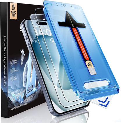 MAGIC_JOHN_2_Pack_for_iPhone_15_Tempered_Glass_Screen_Protector_6.1_inch_[Not_Max],_Auto_Dust-Elimination_Installation,_Bubble_Free,_Dynamic_Island_Compatible,_HD_Clear,_Easy_Installation