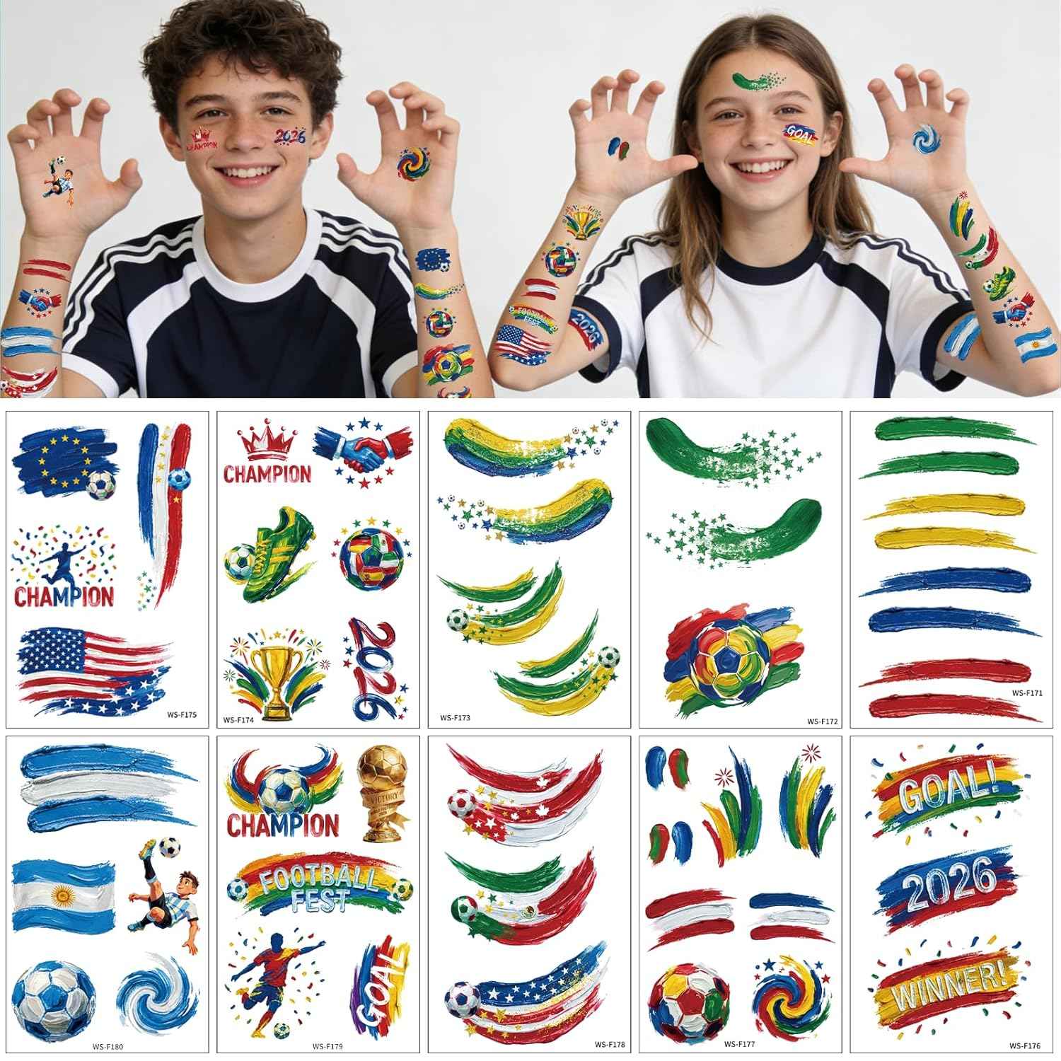 Awinmay 45 Pcs Soccer Tattoos - World Cup Temporary Tattoos for Kids，Adult，Teens，Soccer Party Favors Sports Themed Supplies Fake Tattoo Stickers，World Cup 2026 Merchandise，Kids Goodie Bag Stuffers