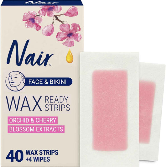 Nair Hair Remover Wax Ready Strips, Face and Bikini Hair Removal Wax Strips, Orchid and Cherry Blossom Extracts, Dermatologist Tested