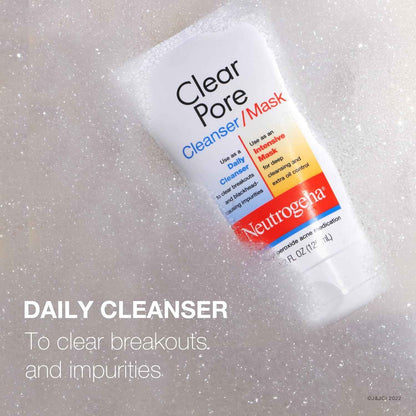 Neutrogena Clear Pore 2 in 1 Facial Cleanser/Face Mask with Kaolin & Bentonite Clay & 3.5% Benzoyl Peroxide Acne Treatment Medication, Daily Face Wash & Shine Control Clay Mask, 4.2 fl. oz, 3 Pack