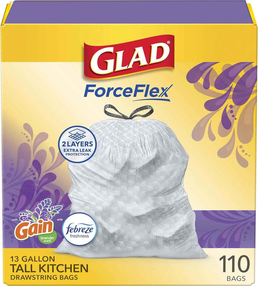 Glad ForceFlex Tall Kitchen Trash Bags, 13 Gal, Gain Lavender with Febreze