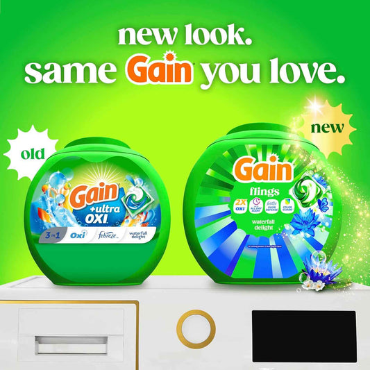 Gain Flings Liquid Washing Detergent Pacs, Now with Odor Defense + Color Guard, Waterfall Delight Scent, 4-In-1 Liquid Laundry Detergent Pods, Clean & Fresh