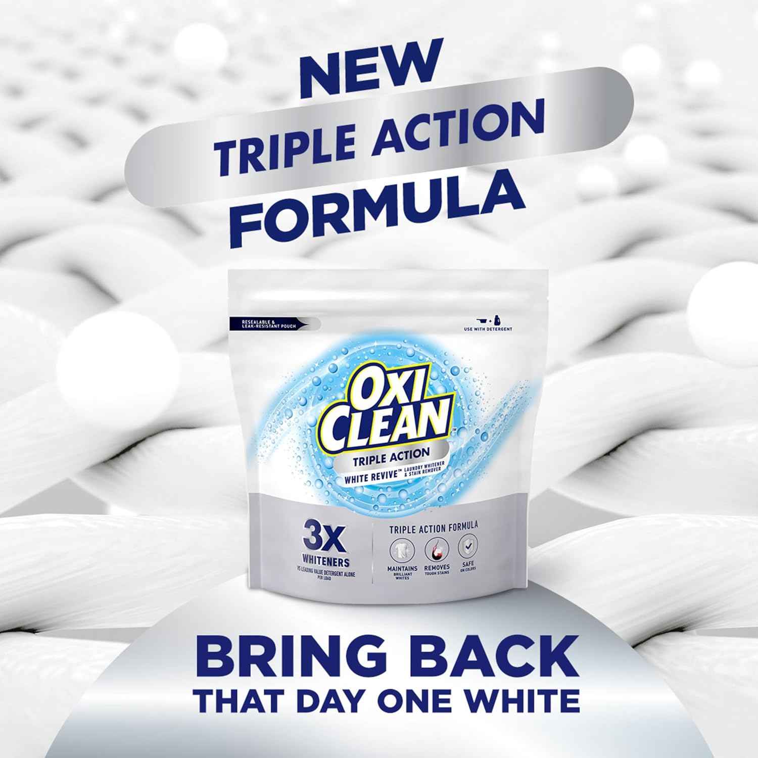 OxiClean Triple Action White Revive Laundry Whitener and Stain Remover Powder, Use with Detergent, Whitens and Brightens Clothes, Removes Tough Stains, Color Safe, Chlorine Free