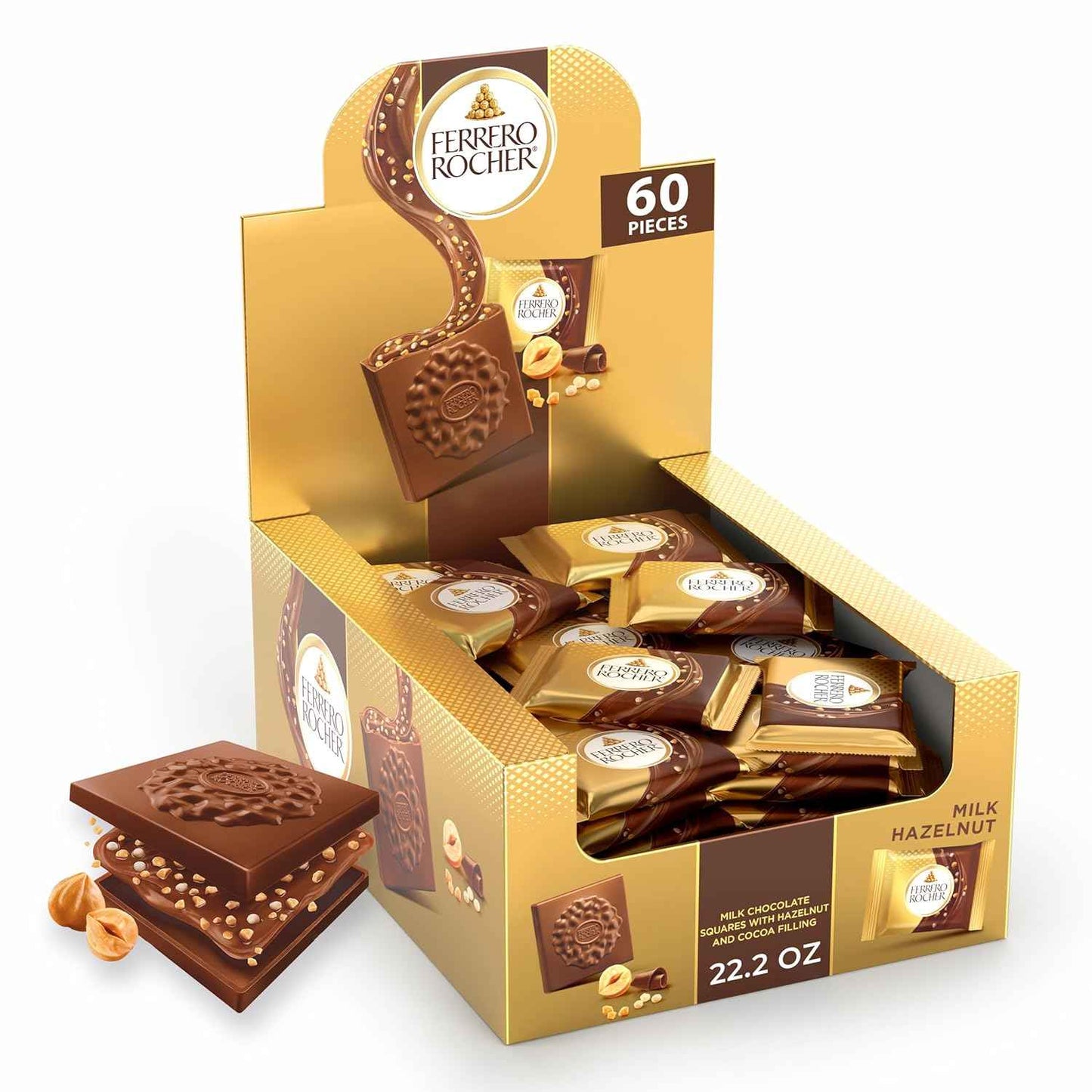 Ferrero Rocher Premium Milk Hazelnut chocolate squares, Individually Wrapped Chocolates, Great for Sharing or Gifting, 60 Pack, 3.7 oz Each