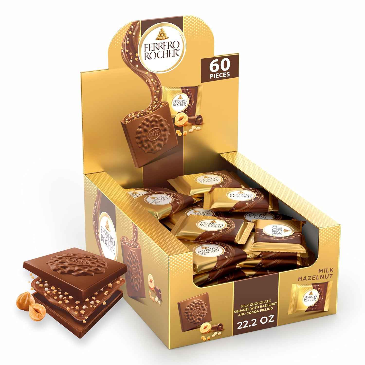 Ferrero Rocher Premium Milk Hazelnut chocolate squares, Individually Wrapped Chocolates, Great for Sharing or Gifting, 60 Pack, 3.7 oz Each