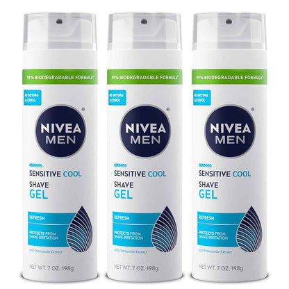 NIVEA MEN Sensitive Cool Shave Gel for Sensitive Skin, Alcohol Free Shaving Gel with Chamomile Extract, 7 Oz Can, Pack of 3