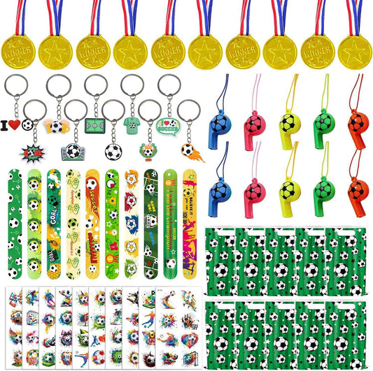 60PCS Soccer Party Favors, Soccer Goodie Bag Stuffers with 10 x 6.5 Inch Bags Keychain Medal Tattoo Sticker Slap Bracelets Whistles, for Kids Soccer Birthday Party Decorations Supplies Souvenirs
