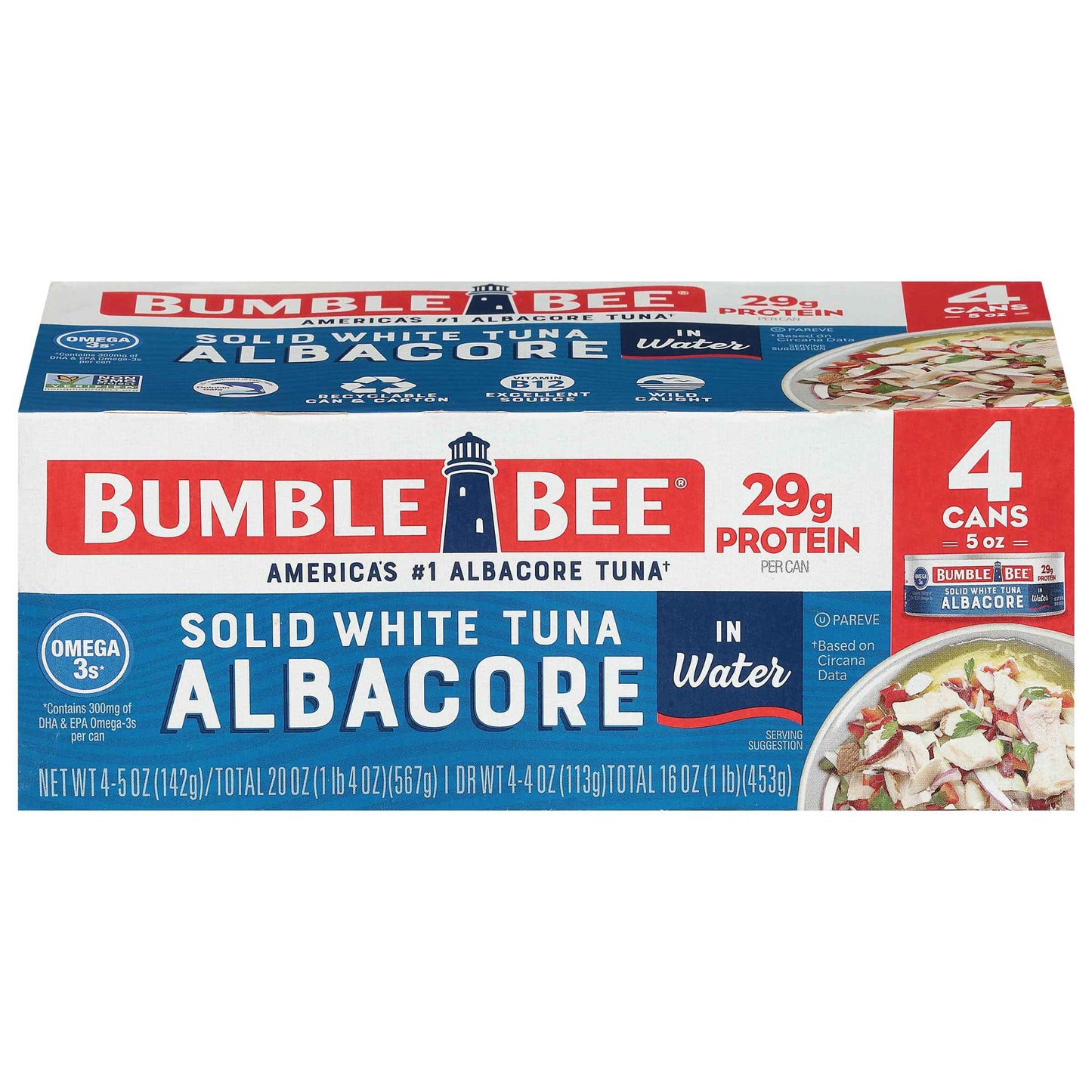 Bumble Bee Solid White Albacore Tuna, Can - Wild Caught Tuna - 29g Protein per Serving, High in Omega-3s - Non-GMO Project Verified, Gluten Free, Kosher
