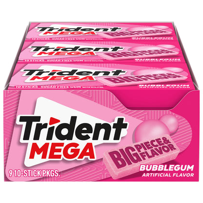 Trident Mega Bubblegum Sugar-Free Chewing Gum, 9 Packs of 10 Pieces (90 Total Pieces)