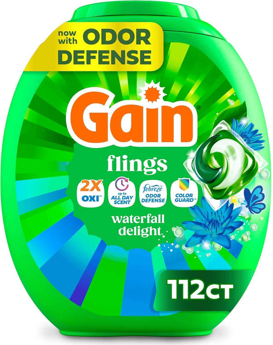 Gain Flings Liquid Washing Detergent Pacs, Now with Odor Defense + Color Guard, Waterfall Delight Scent, 4-In-1 Liquid Laundry Detergent Pods, Clean & Fresh